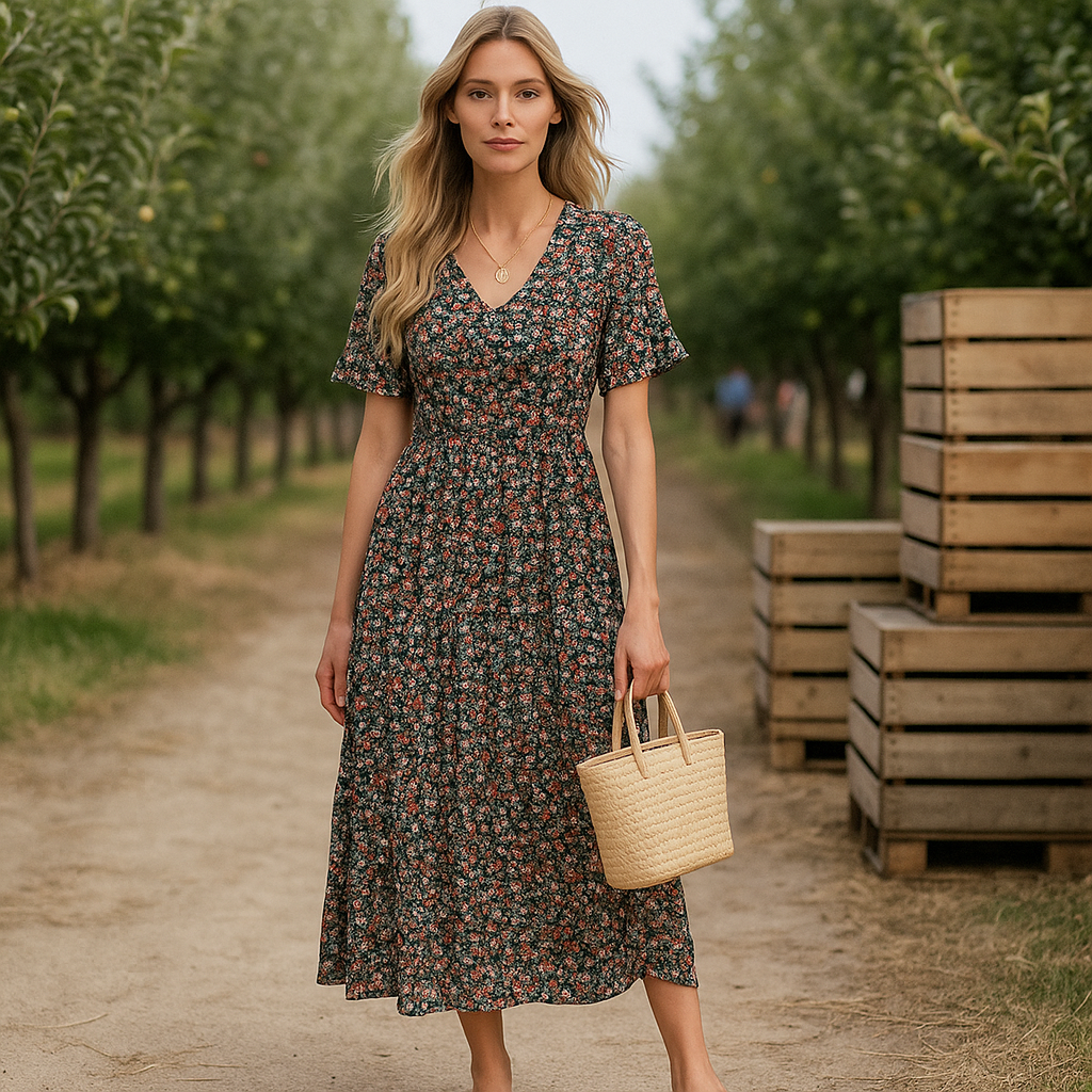 Emery – Elegancka wieczorowa sukienka midi z kwiatowym wzorem – długi rękaw