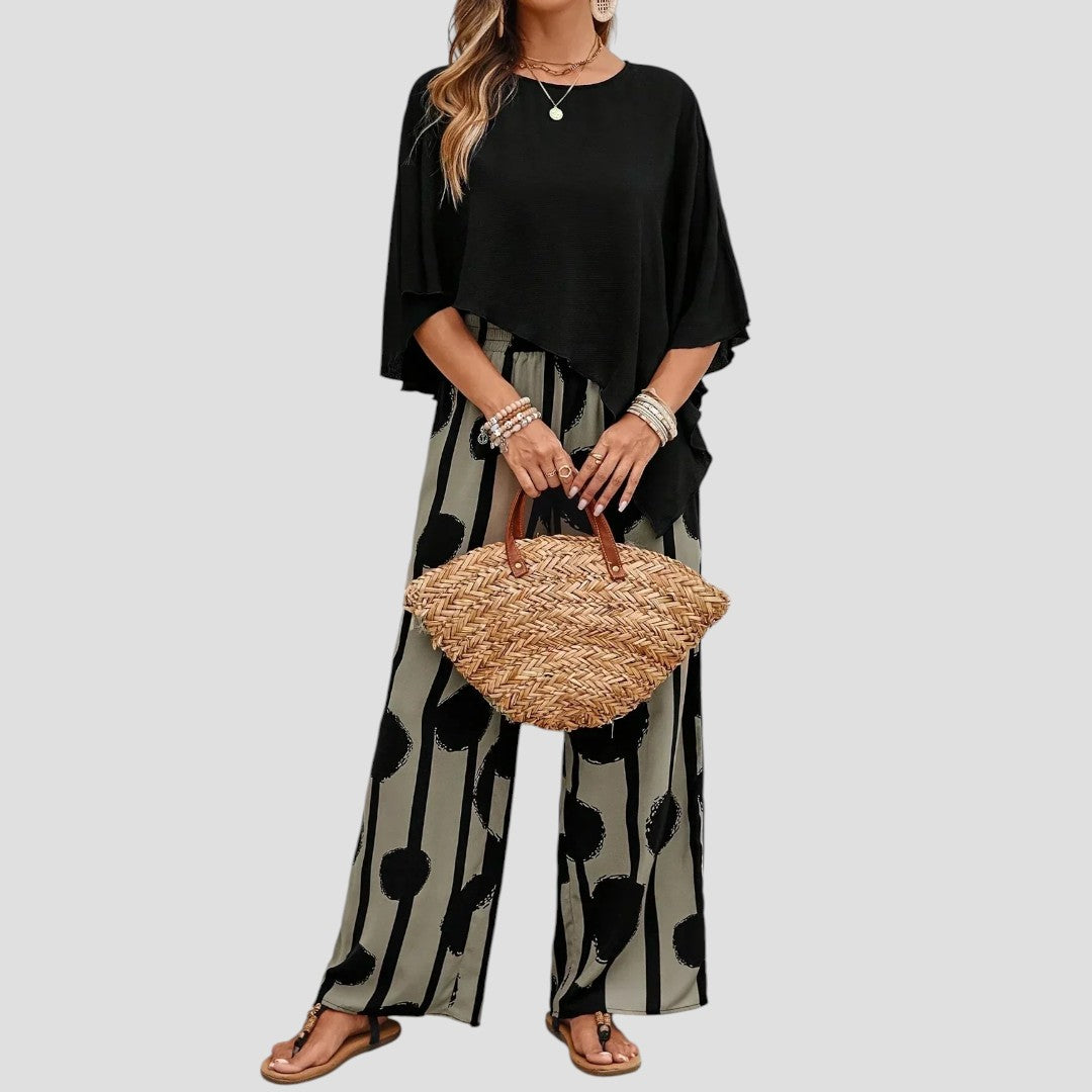 Eve - Asymetryczny zestaw damski - Drukowane spodnie - Eleganckie stylizacje