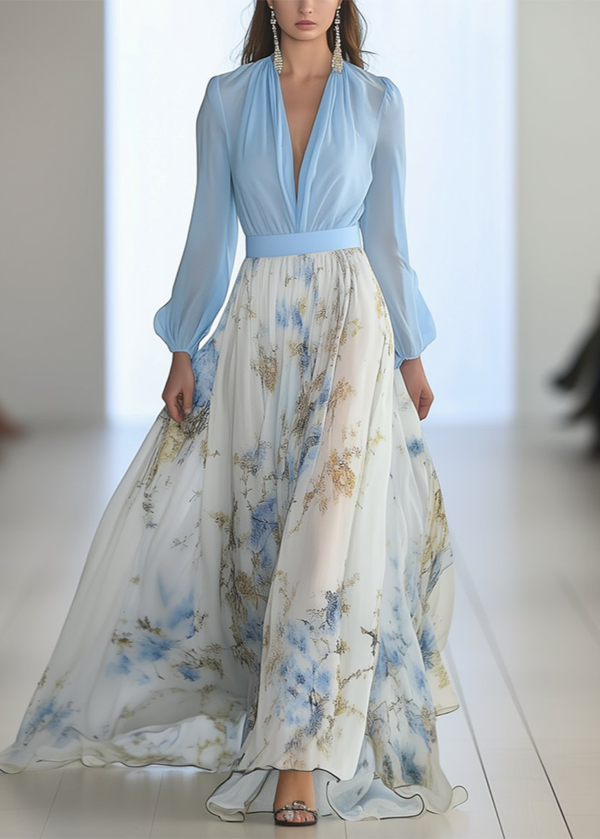 Sukienka wieczorowa maxi z dekoltem w serek i kwiatowym dołem