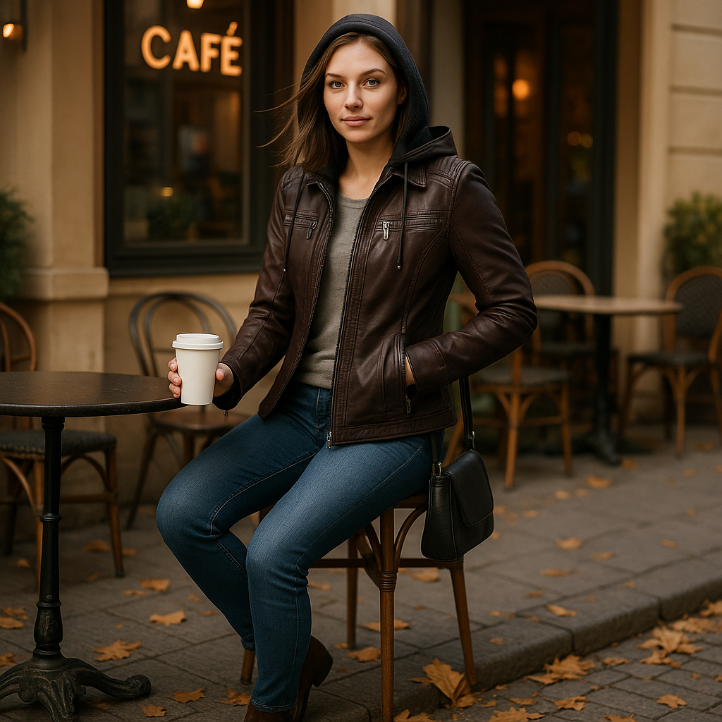 Vivano Damska Skórzana Kurtka z Kapturem