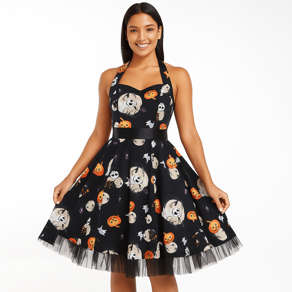 Alessandra Halloween Midi Sukienka - Print Kreskówki - Unikalny Styl - vivano - warszawa