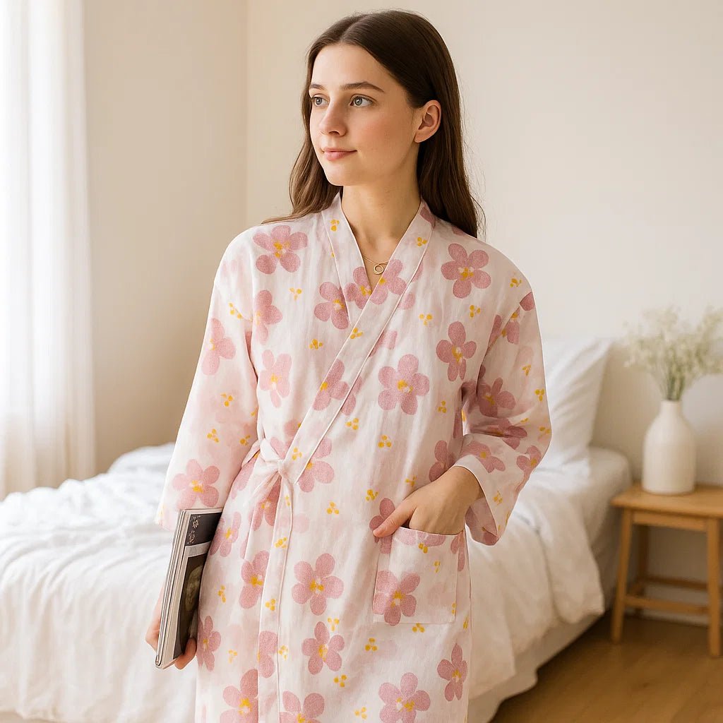 BloomLuxe – Wyrafinowany Bawełniany Szlafrok z Japońskimi Wpływami dla Czystej Relaksacji