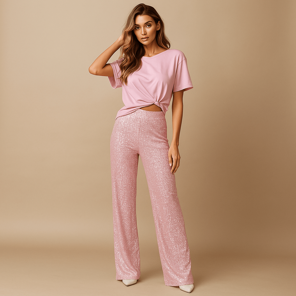 Błyszczące spodnie z cekinami - Wysoki stan - Damskie Luo - vivano - warszawa