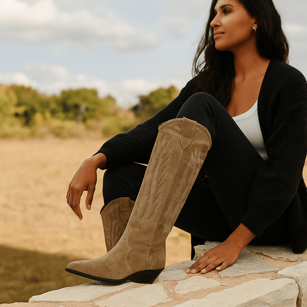 Celeste - Wysokie Haftowane Kowbojskie Botki z Zamszu - Stylowy Komfort - vivano - warszawa