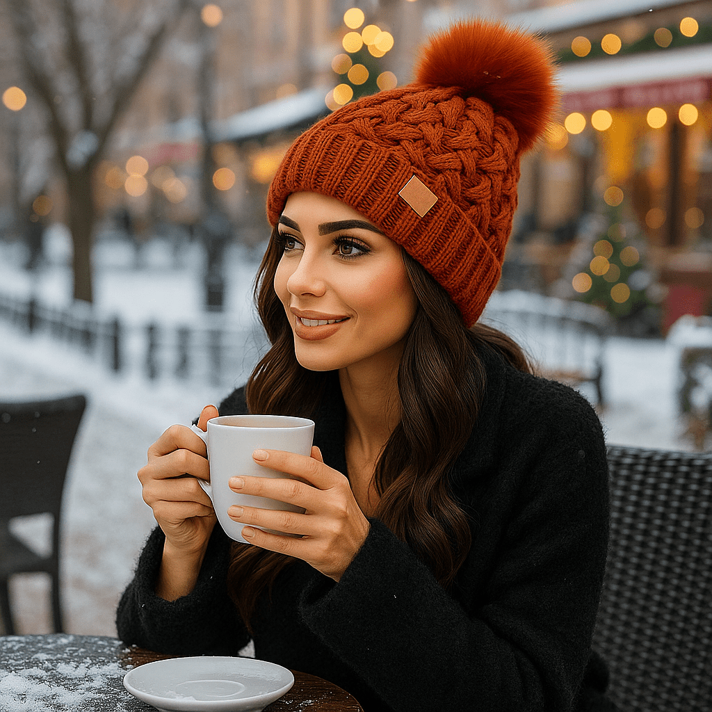 Czapka zimowa z pomponem, dzianina warkoczowa