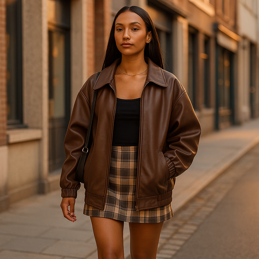 Damska Kurtka Skórzana z Zamkiem i Luźnym Krojem