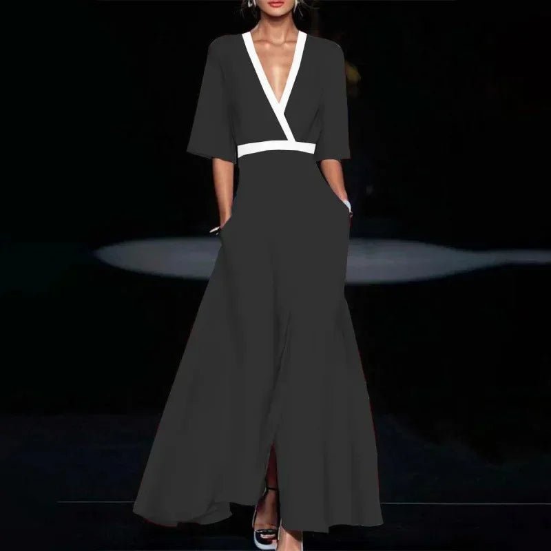 Damska elegancka sukienka maxi z szerokim rękawem i głębokim dekoltem - vivano - warszawa