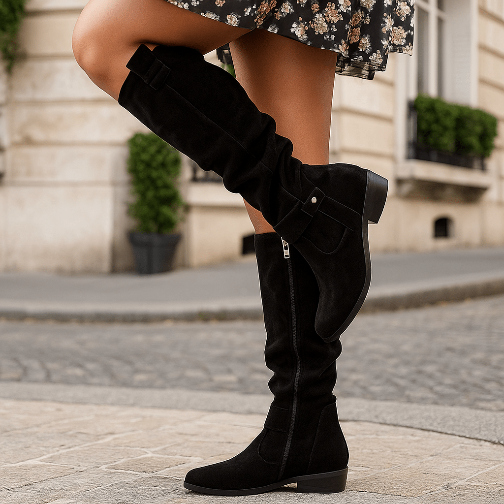 Damskie Kozaki - Zamszowe Wykończenie - Niski Obcas - Okrągły Nos - Zapięcie Z Boku - Detal Z Klamrą - vivano - warszawa