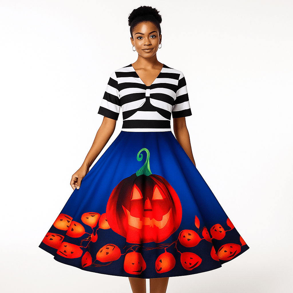 Daniela Vintage Halloween Sukienka - Wzór Dyniowy - Midi Stylowa i Komfortowa - vivano - warszawa