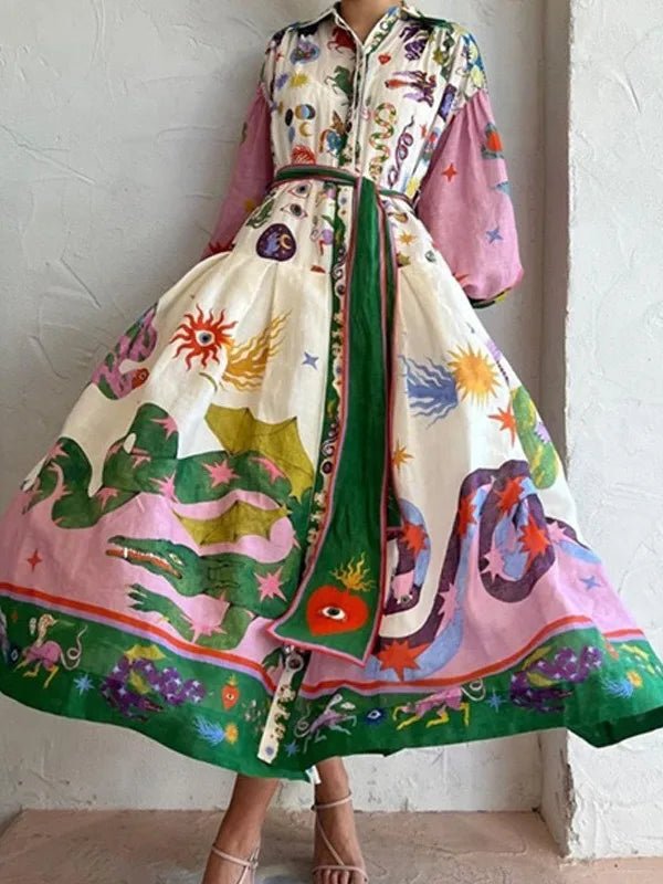 Długa koszulowa sukienka z kolorowym nadrukiem i paskiem – artystyczny styl na lato - vivano - warszawa