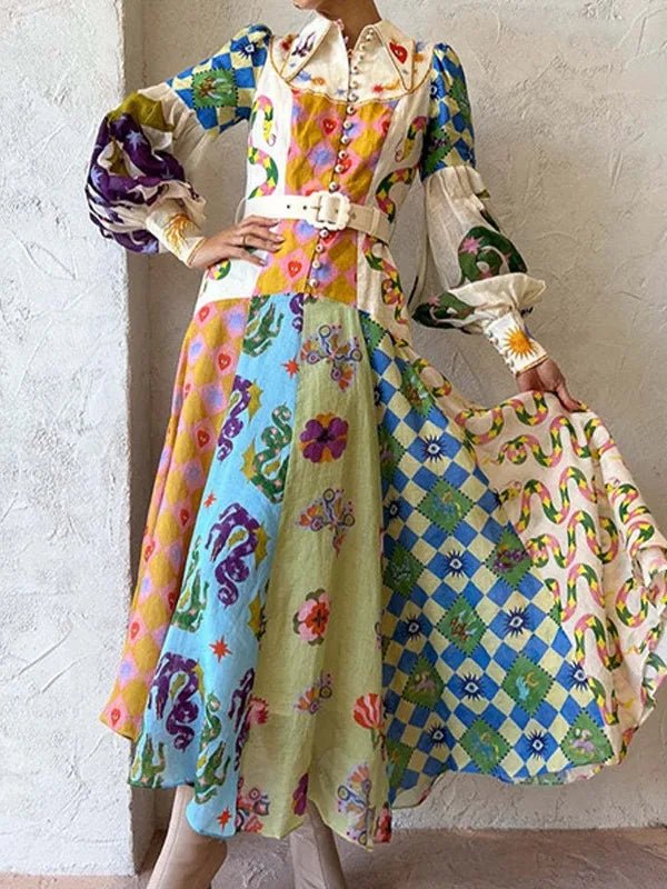 Długa koszulowa sukienka z kolorowym nadrukiem i paskiem – artystyczny styl na lato - vivano - warszawa