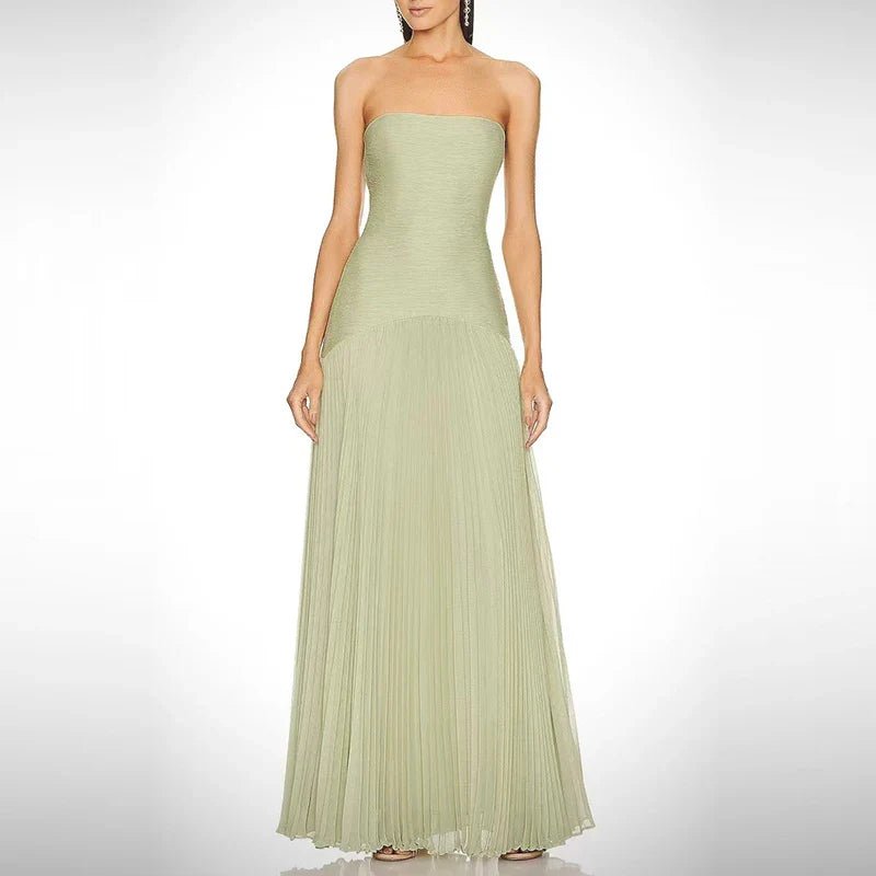 Długa wieczorowa sukienka bez ramiączek z plisowanym dołem - vivano - warszawa