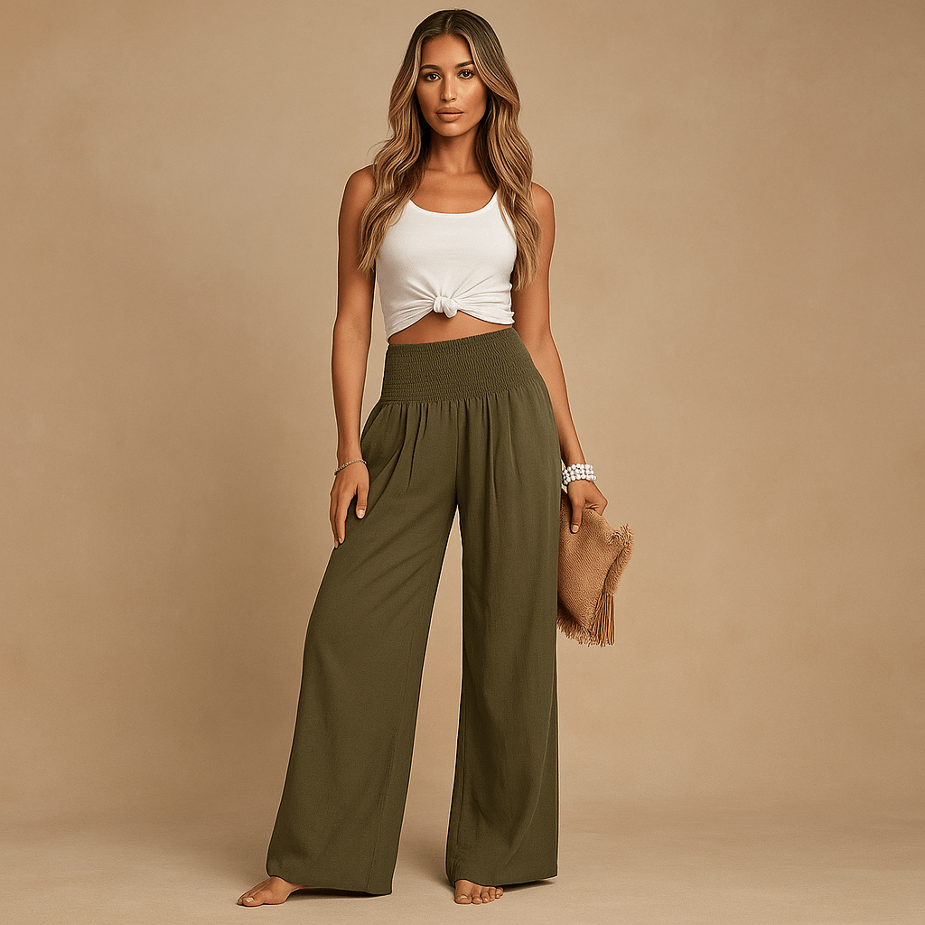 Długie Lnianie Spodnie - Luźne - Elastyczny Pas - Komfort i Styl - vivano - warszawa