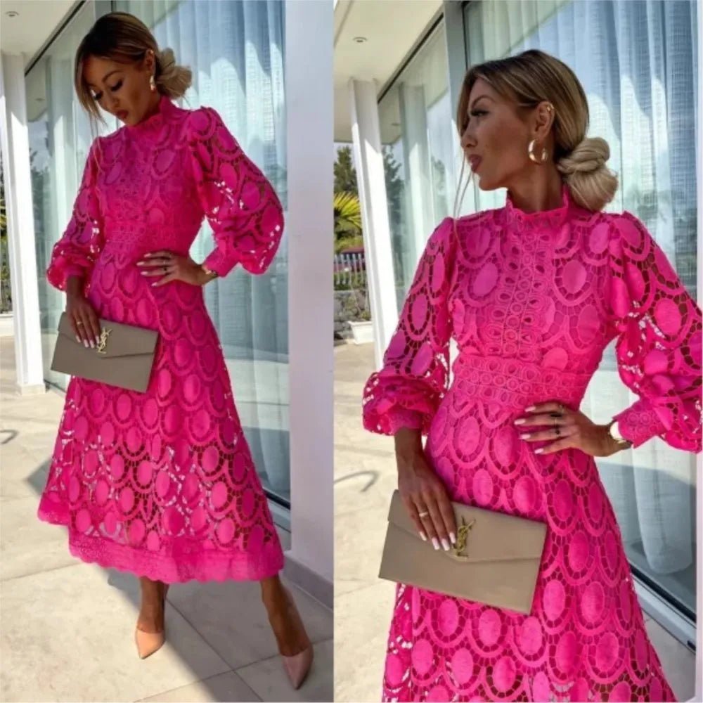 Elegancka koronkowa sukienka midi z długim rękawem - vivano - warszawa