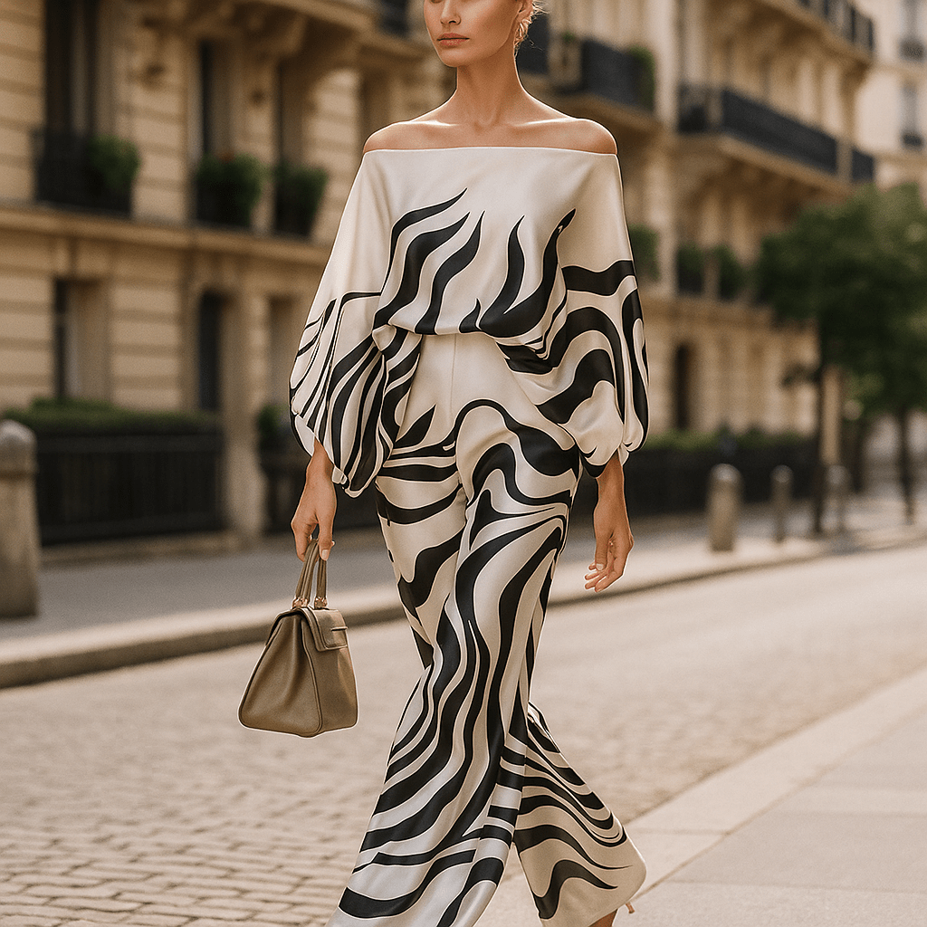 Elegancki Satynowy Zestaw Damski - Asymetryczny Top - Szerokie Spodnie - vivano - warszawa