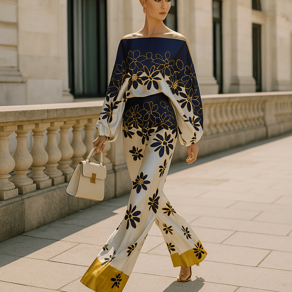 Elegancki Satynowy Zestaw Damski - Asymetryczny Top - Szerokie Spodnie - vivano - warszawa