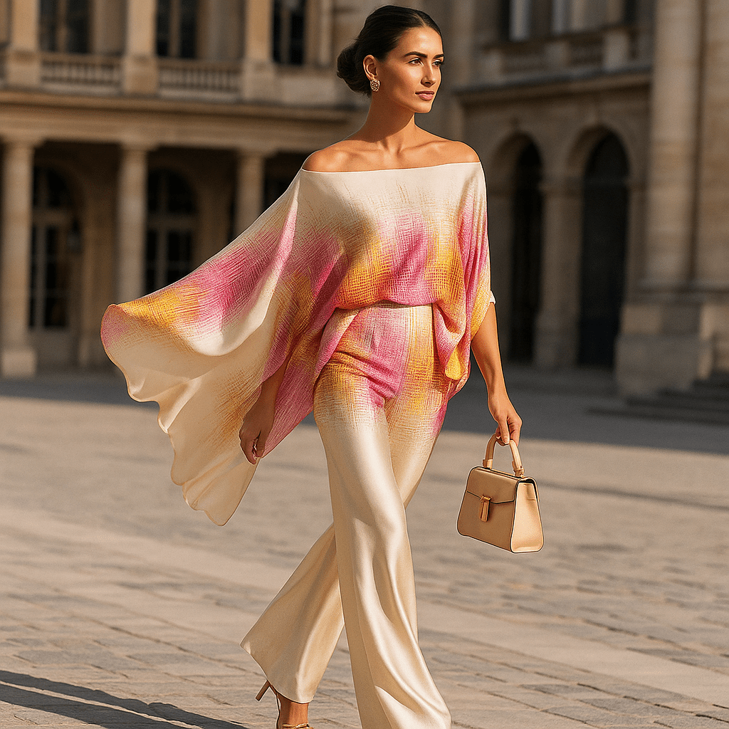 Elegancki Satynowy Zestaw Damski - Asymetryczny Top - Szerokie Spodnie - vivano - warszawa