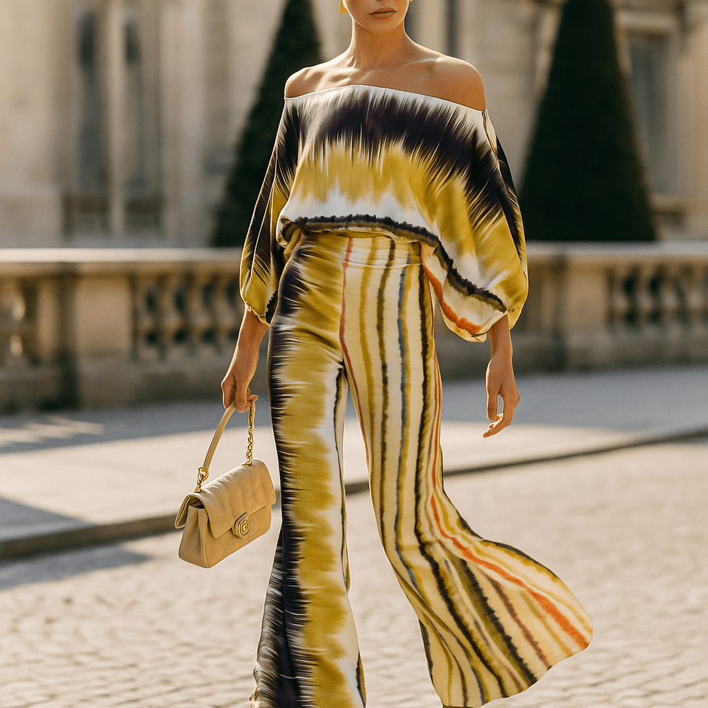 Elegancki Satynowy Zestaw Damski - Asymetryczny Top - Szerokie Spodnie - vivano - warszawa