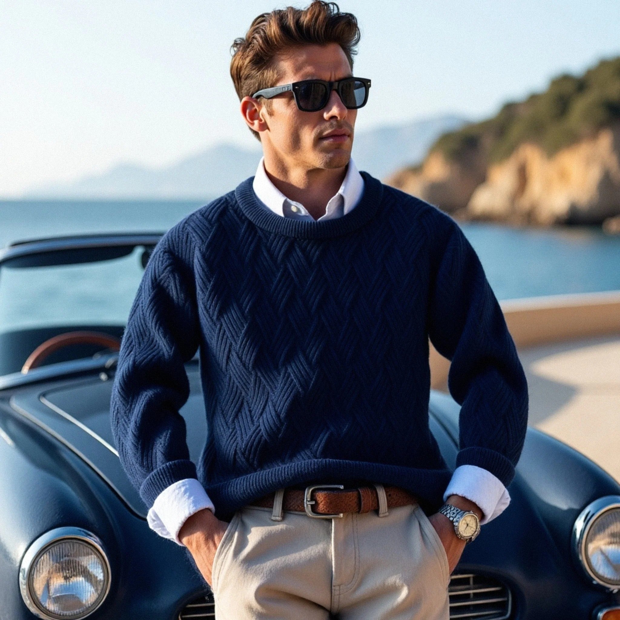 Męski sweter w warkocze - mieszanka wełny - klasyczny - ciepły