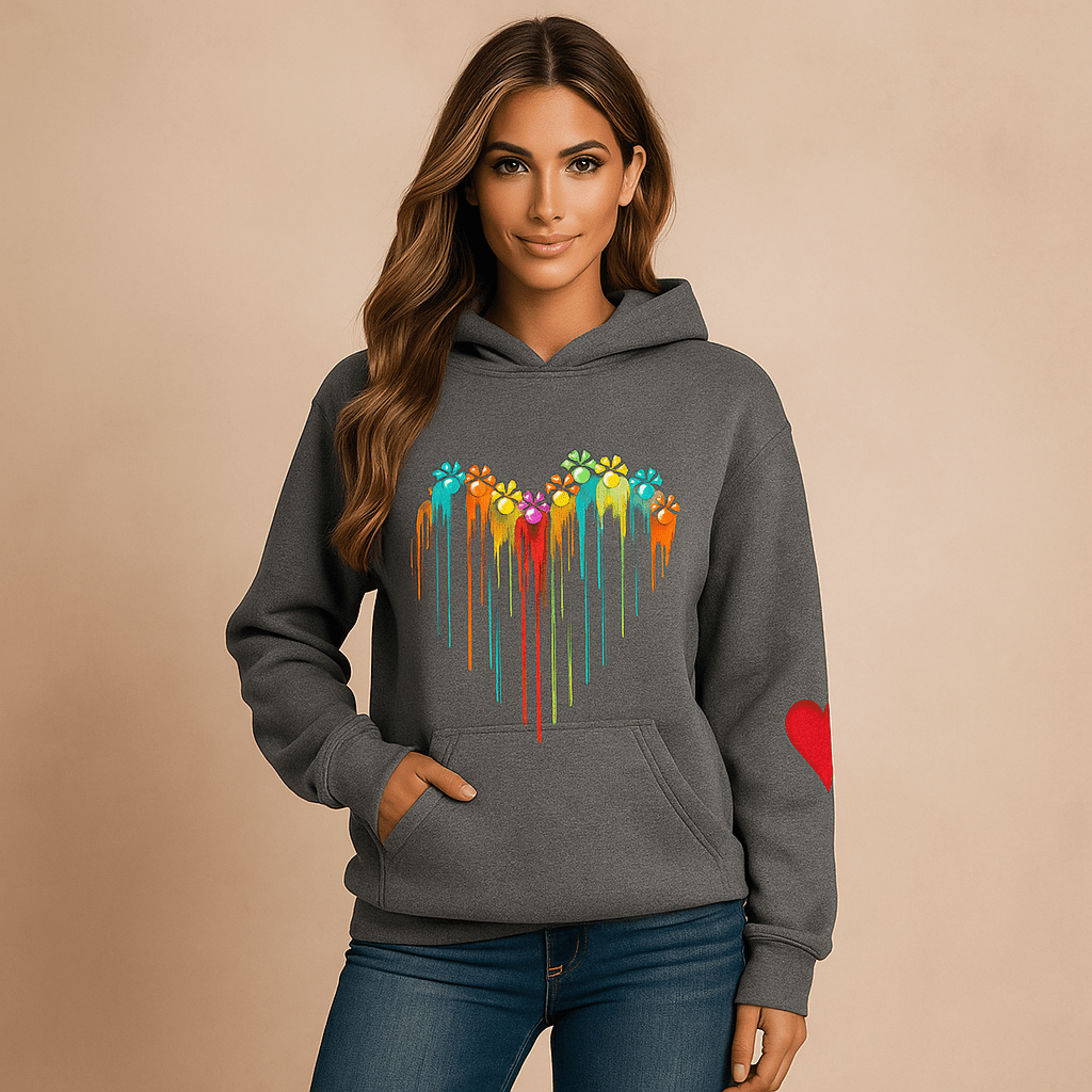 Kobiece Bluzy z Kapturem - Luźny Krój - Wzór w Serce - Długie Rękawy - vivano - warszawa