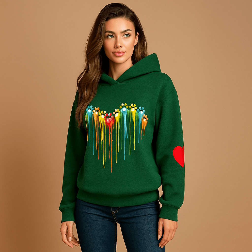 Kobiece Bluzy z Kapturem - Luźny Krój - Wzór w Serce - Długie Rękawy - vivano - warszawa