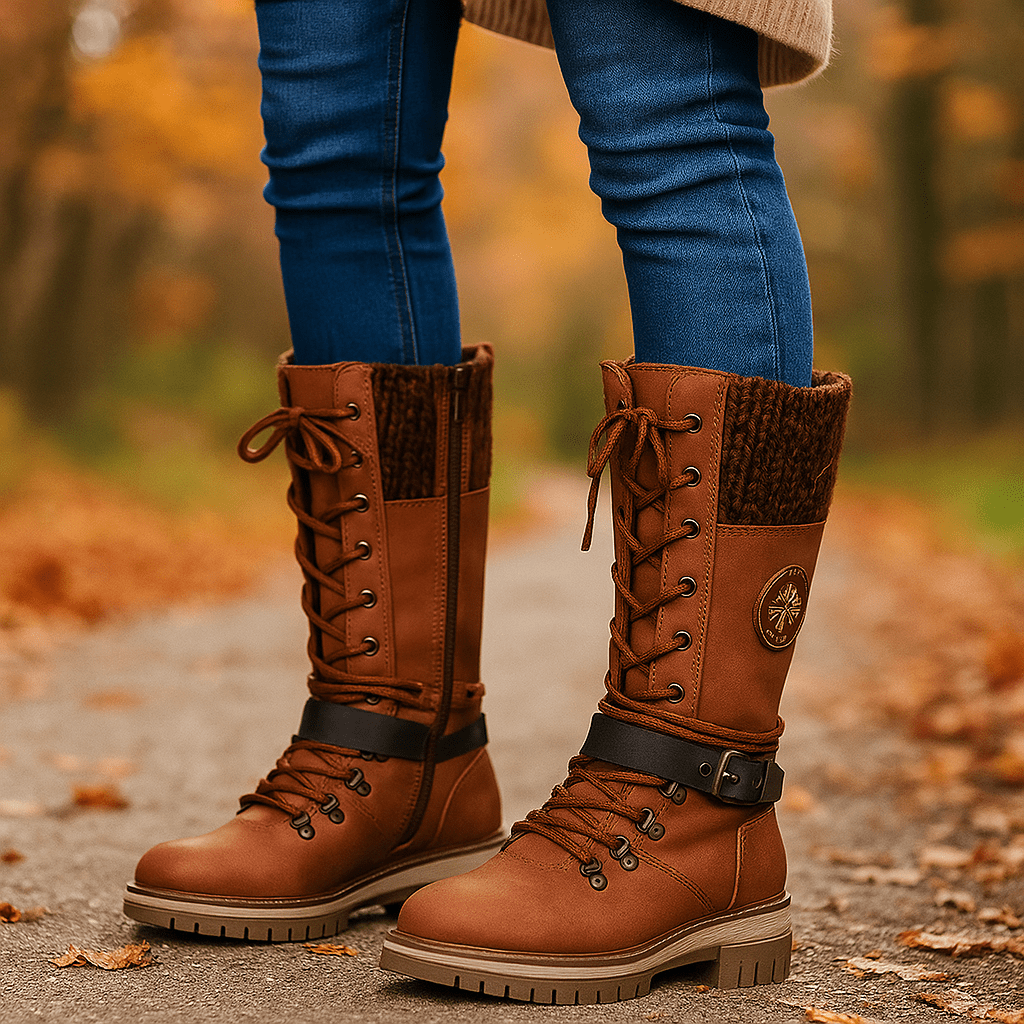 Kobiece Botki do Łydki - Skórzany Wygląd - Sznurowadła i Zamek - Antypoślizgowa Podeszwa - vivano - warszawa