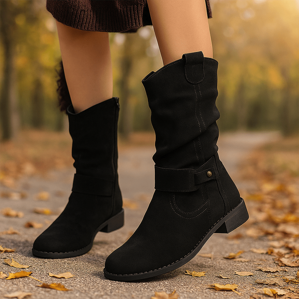 Kobiece Botki do Łydki - Zamszowe Wykończenie - Słupkowe Obcasy - Luźny Krój - vivano - warszawa