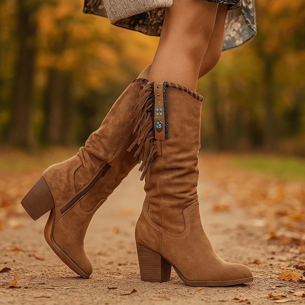 Kobiece Botki z Zamszu do Łydki – Frędzle – Słupkowy Obcas – Western Boho - vivano - warszawa
