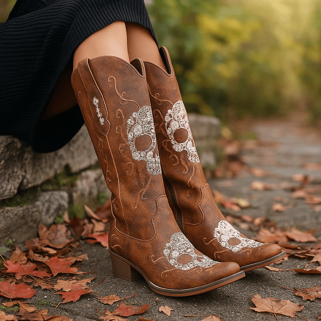 Kobiece Kowbojskie Botki – Haftowana Czaszka – Gruba Obcas – Szpiczasta Nos - vivano - warszawa