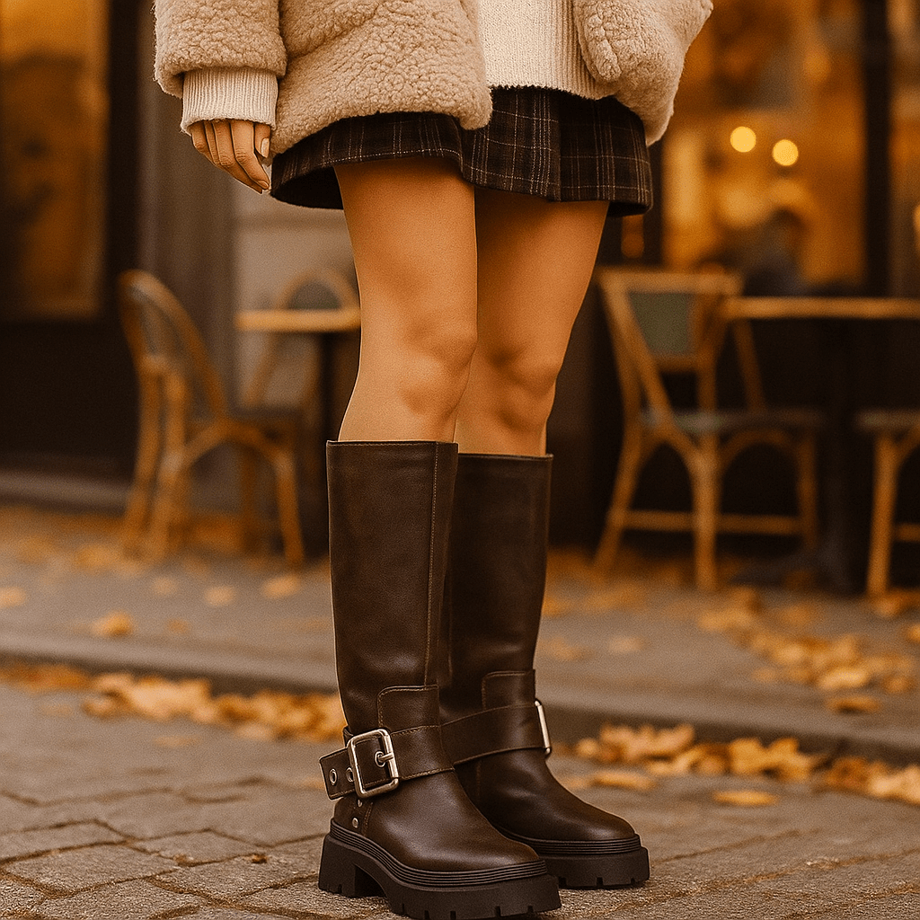 Kozaki do kolan - Gruba płaska podeszwa - Retro klamra