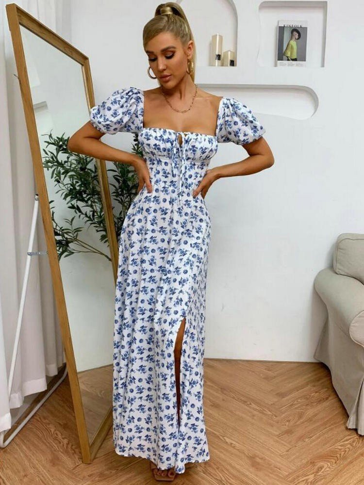 Kwiatowa sukienka midi z bufiastymi rękawami - vivano - warszawa