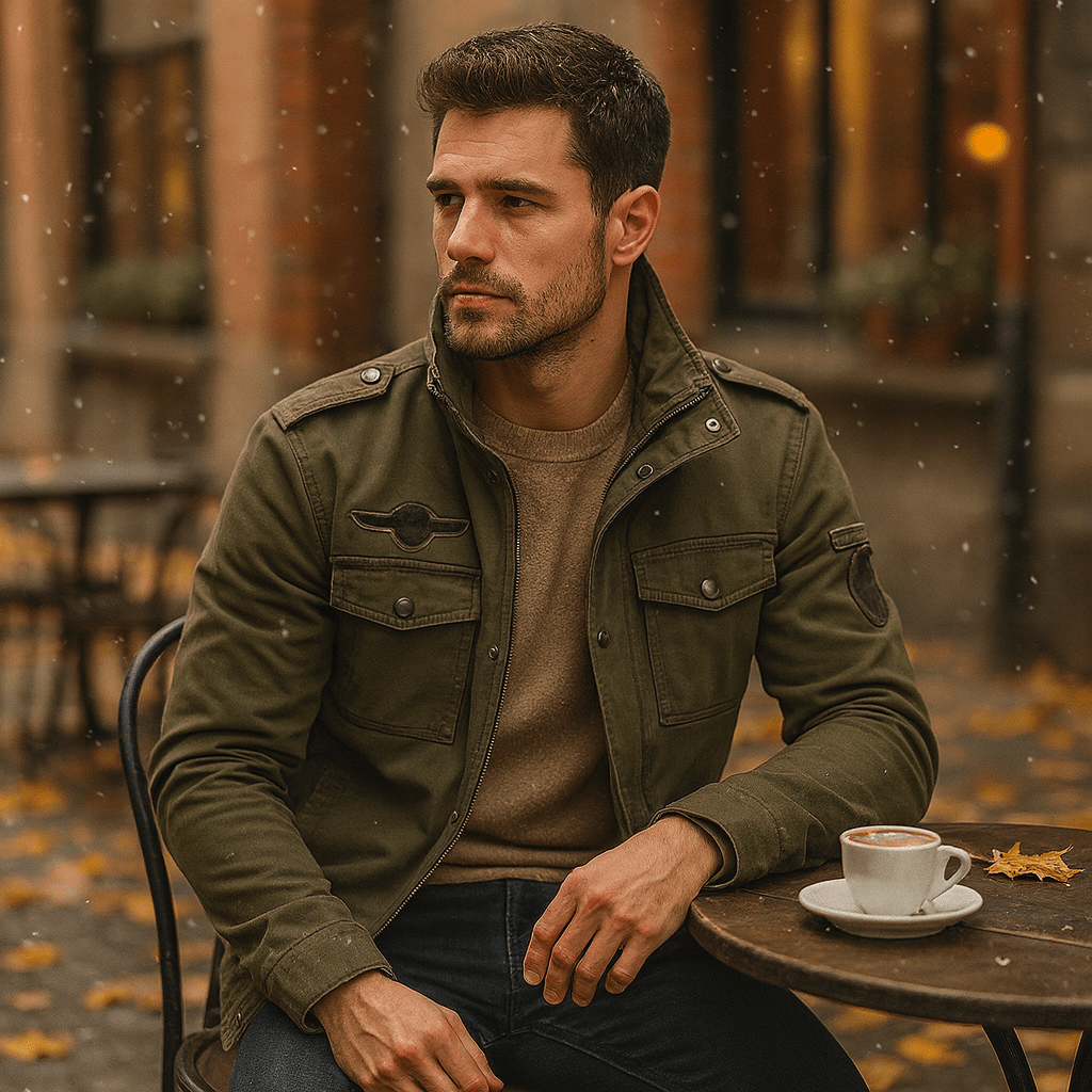 Męska Kurtka w Militarnym Stylu ze Stojącym Kołnierzem