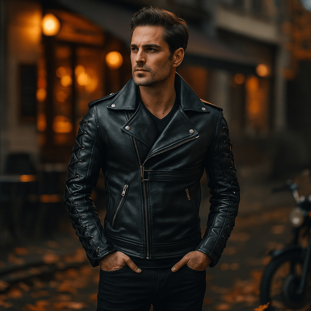 Męska Skórzana Kurtka Motocyklowa PU z Klamrami