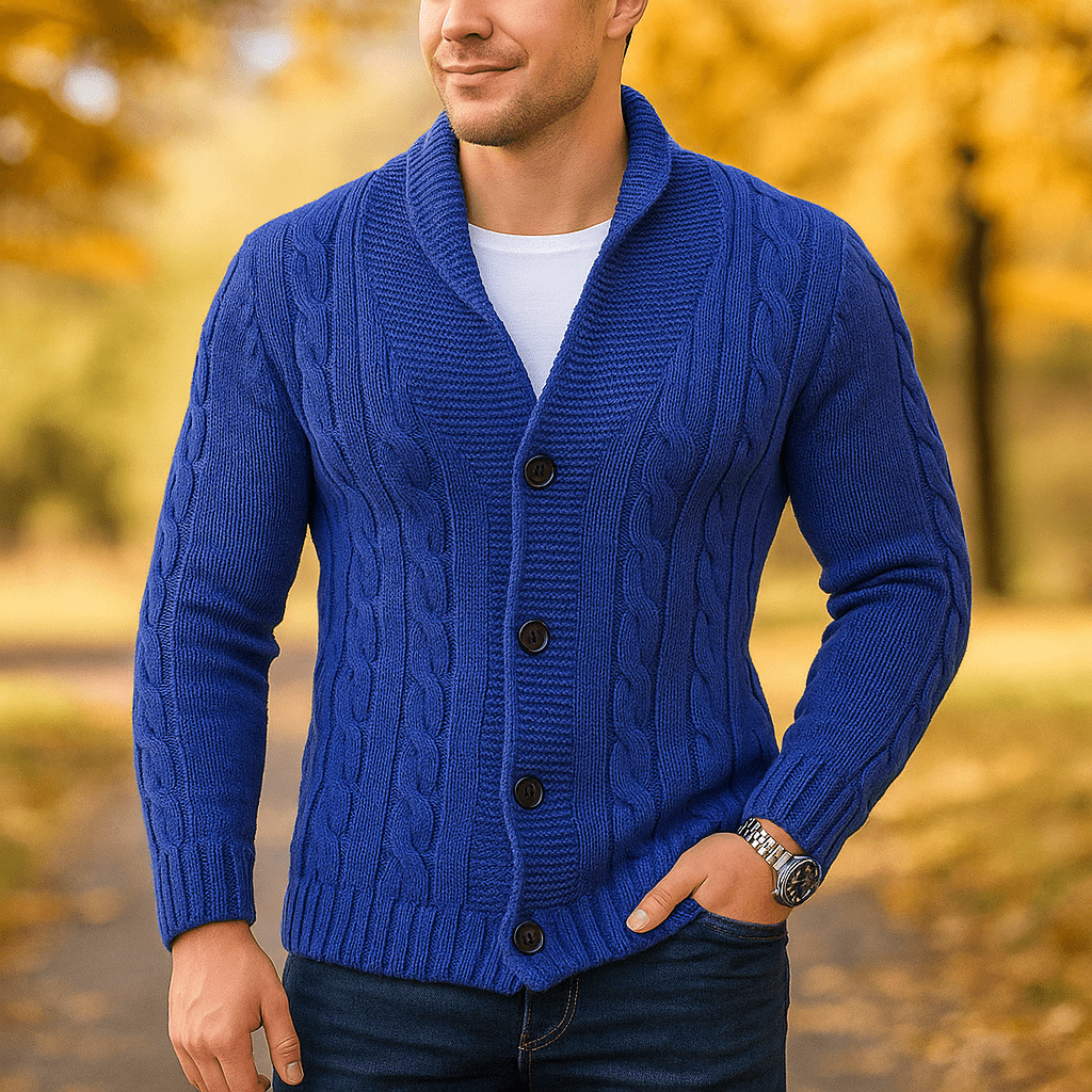 Męski Kardigan z Warkoczem - Wełniana Mieszanka - Kołnierz na Ramionach - Guziki - vivano - warszawa