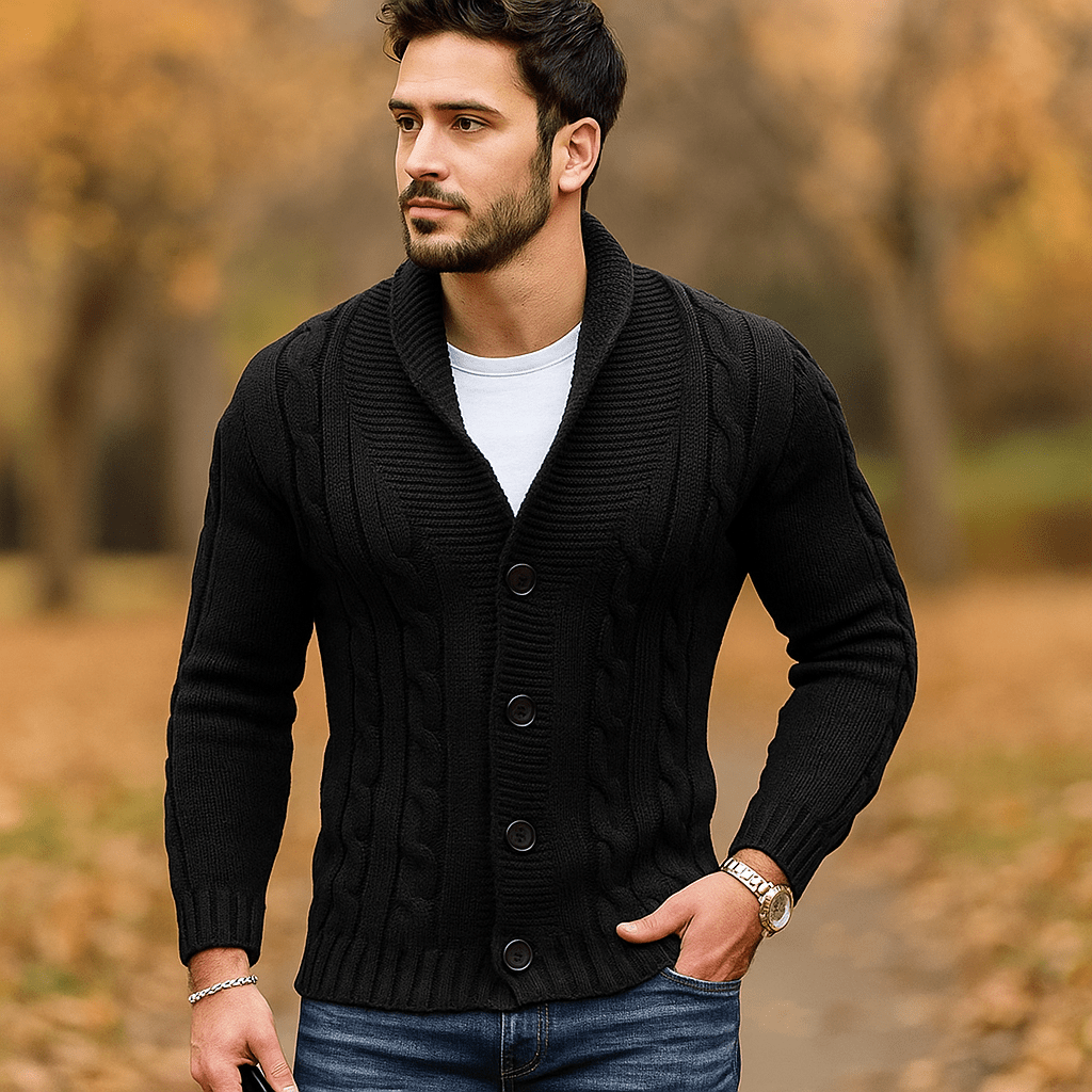 Męski Kardigan z Warkoczem - Wełniana Mieszanka - Kołnierz na Ramionach - Guziki - vivano - warszawa