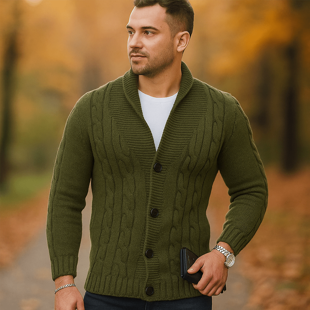 Męski Kardigan z Warkoczem - Wełniana Mieszanka - Kołnierz na Ramionach - Guziki - vivano - warszawa