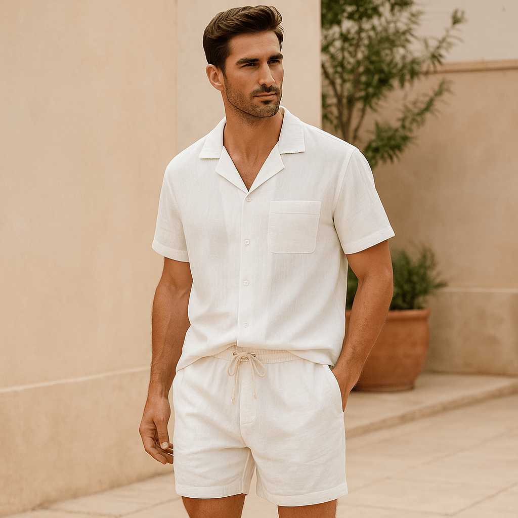 Męski lniany zestaw na lato - casualowy - koszula i spodnie - vivano - warszawa