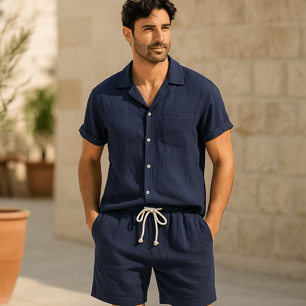 Męski lniany zestaw na lato - casualowy - koszula i spodnie - vivano - warszawa