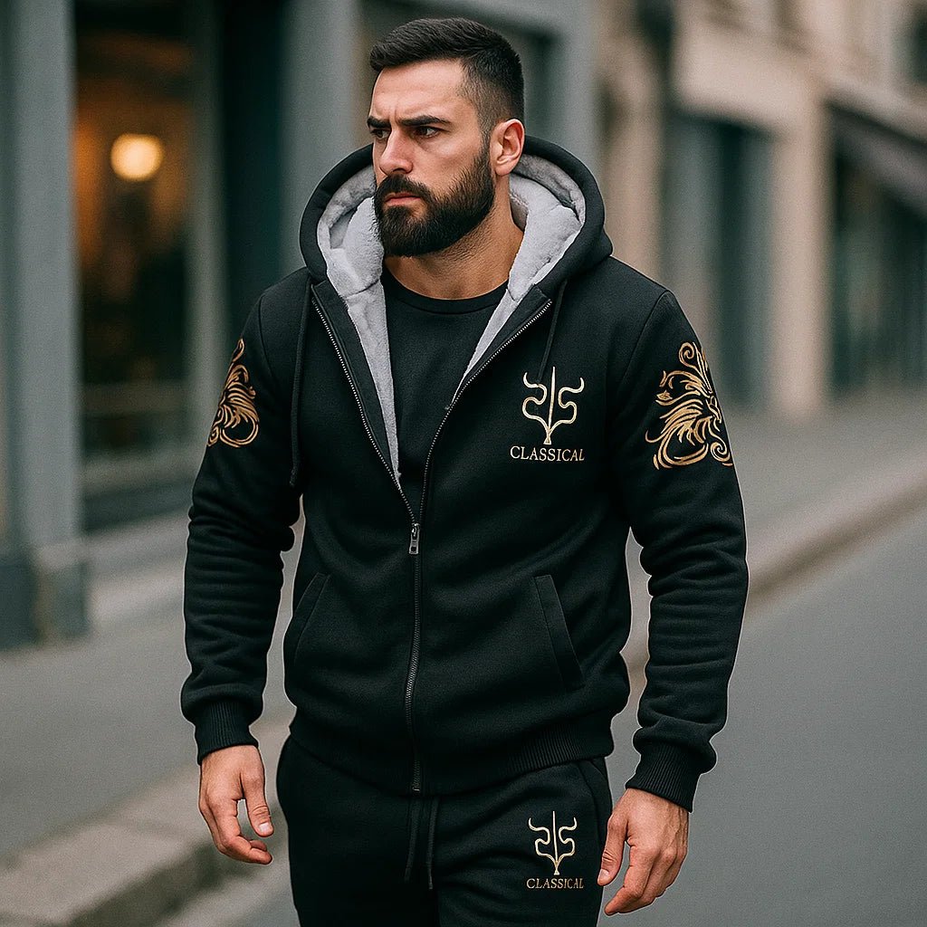 Męski ocieplany komplet dresowy - haftowane detale