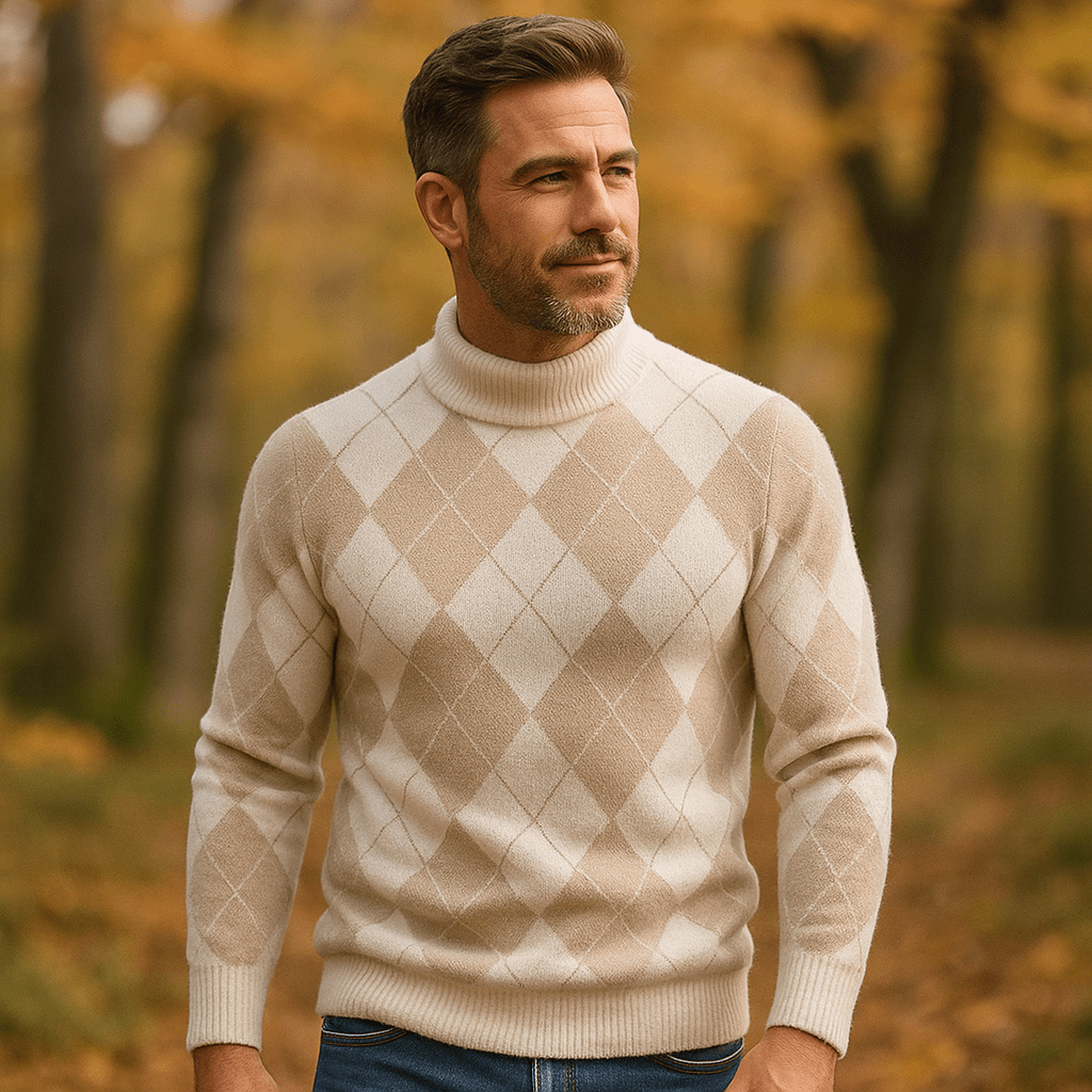 Męski Sweter Argyle - Okrągły Dekolt - Dzianinowy - Długie Rękawy - vivano - warszawa