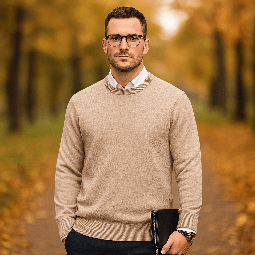 Męski Sweter Crew Neck - Miękka Wełna - Żebrowany Brzeg - Regular Fit - vivano - warszawa