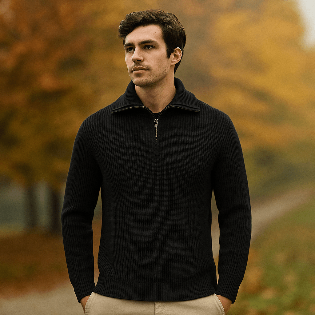Męski Sweter Half - Zip - Strukturalny Knit - Wysoka Kratka - Żebrowane Manżety - vivano - warszawa
