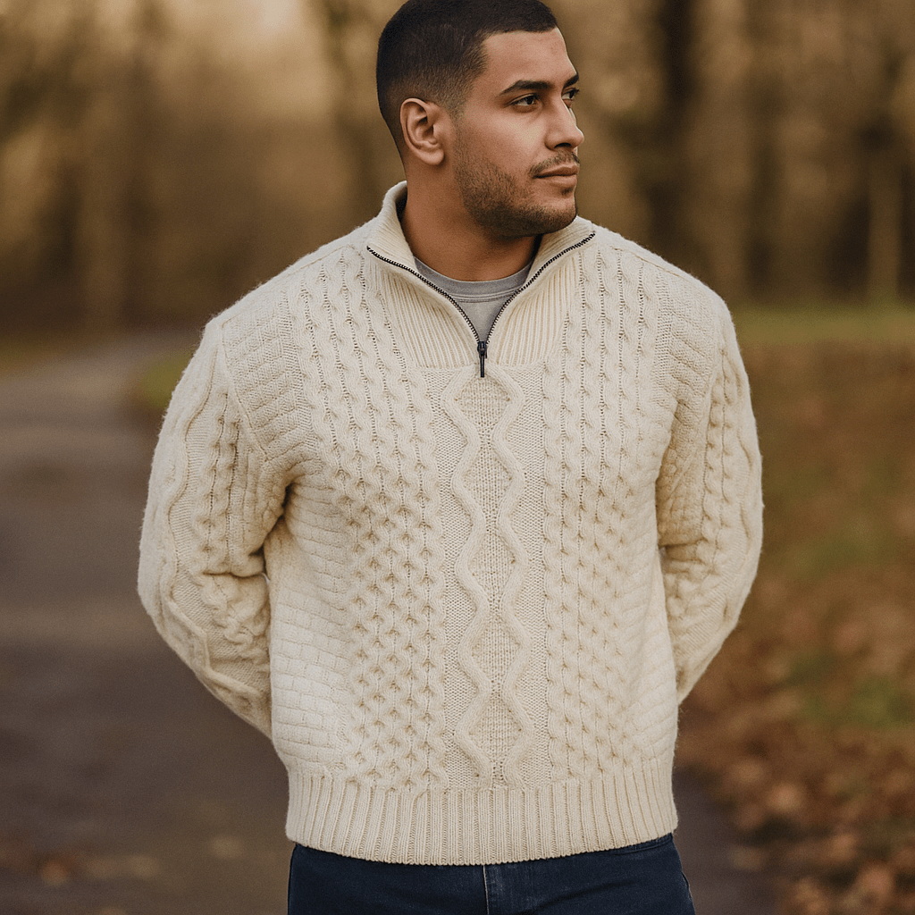 Męski Sweter Kabelstryk – Wysoka Szyja – Zamek – Prążkowane Rękawy - vivano - warszawa