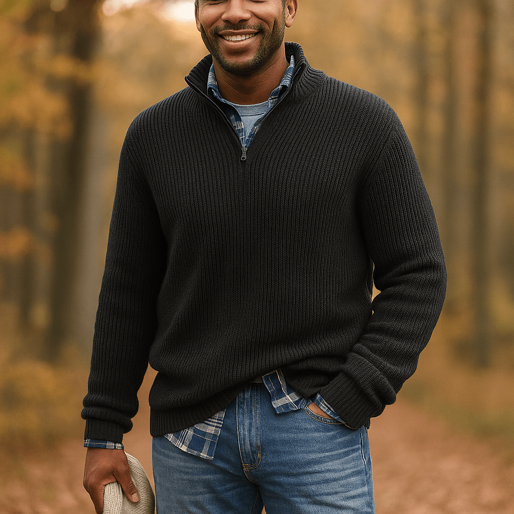 Męski Sweter Pół - Zip - Żebrowana Tekstura - Wysoki Kołnierz - Luźny Krój - vivano - warszawa