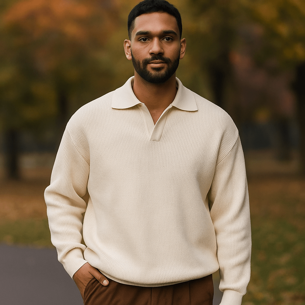 Męski Sweter Robiony - Luźny Krój - Żebrowana Bawełna - Długie Rękawy - vivano - warszawa