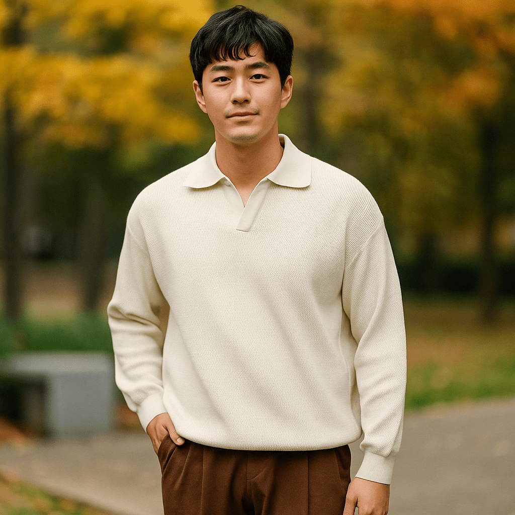 Męski Sweter Robiony - Luźny Krój - Żebrowana Bawełna - Długie Rękawy - vivano - warszawa