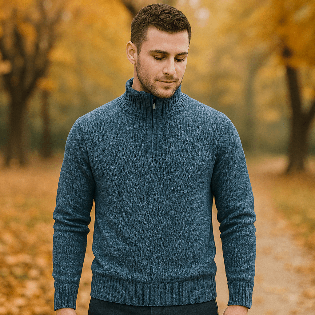 Męski Sweter Wełniany - Mieszanka Wełny - Kwart Zip - Żebrowany Kołnierz - vivano - warszawa