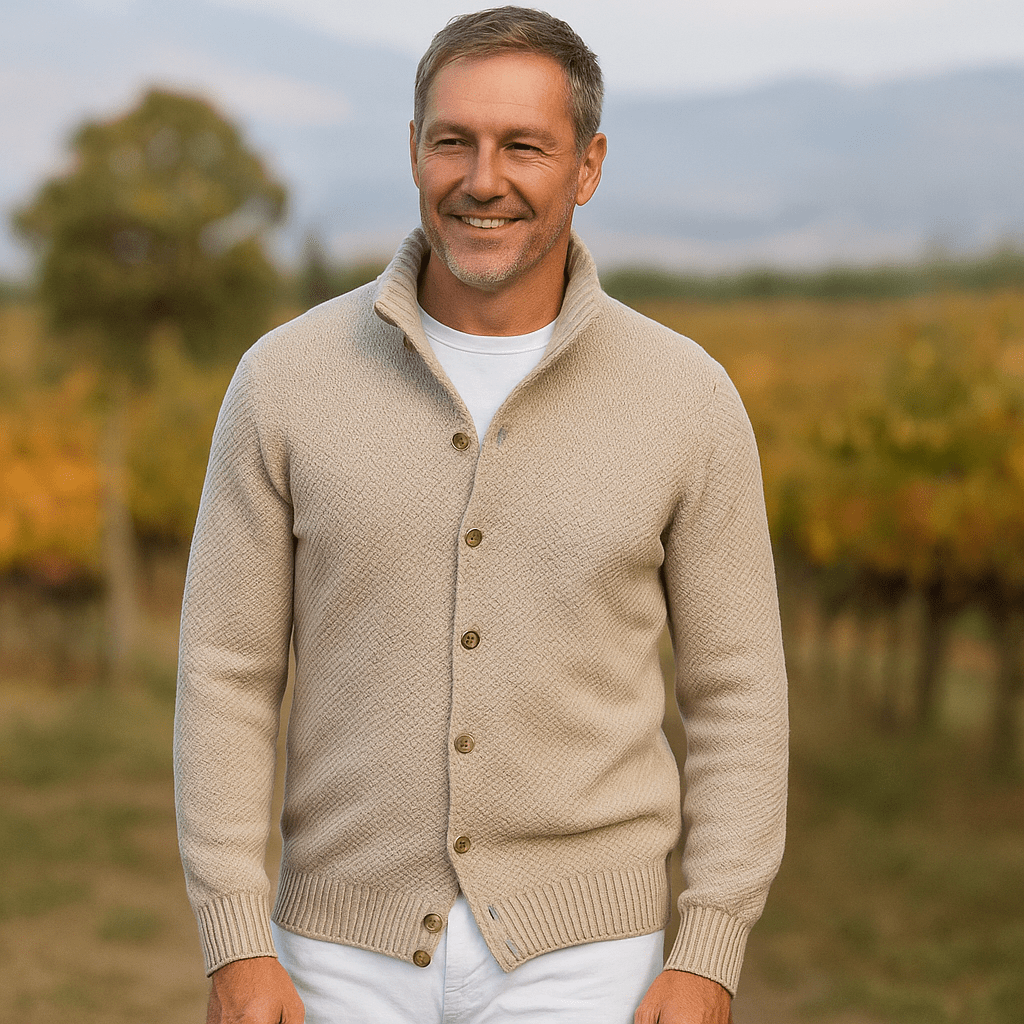 Męski Sweter Wełniany – Slim Fit – Kołnierz na Ramionach – Guziki – Żebrowany Brzeg - vivano - warszawa