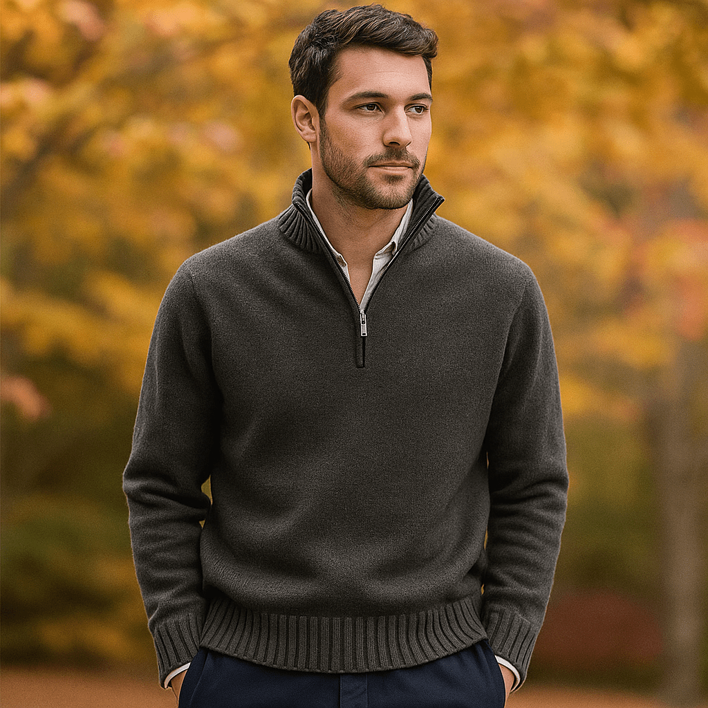 Męski Sweter z Ćwierć Zamkiem - Miękka Dzianina - Wysoki Kołnierz - vivano - warszawa