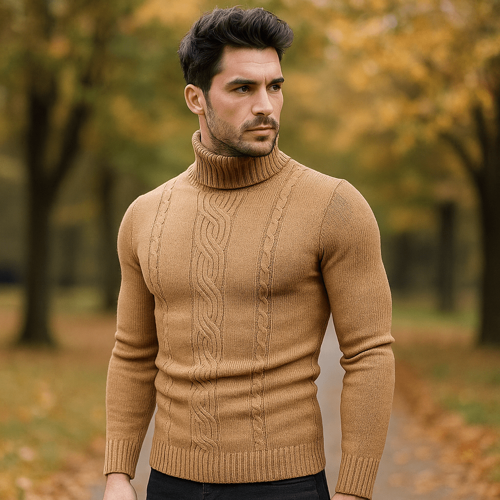 Męski Sweter z Golfem - Ciepły Kabelstrik - Prążkowane Rękawy - vivano - warszawa
